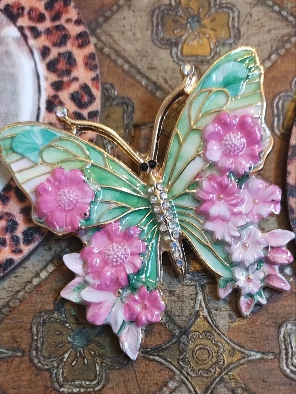 Pink & Mint Butterfly Floral Brooch